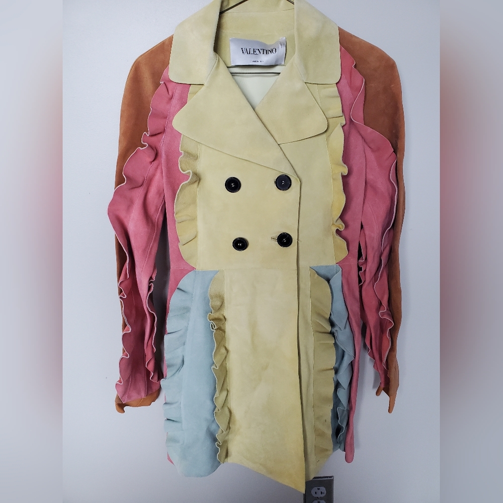 Valentino $16,000 suede ruffled trimmed suede colorock peacoat